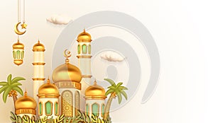 3d illustration of an exquisite mosque building model decorated with glossy brass dome, for Ramadan Mubarak, Eif al fitr and Eif