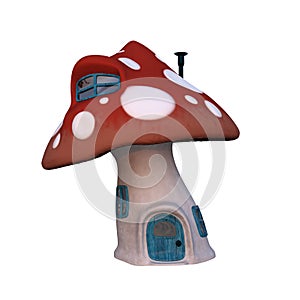 3D illustration of a fairytale mushroom house with red roof isolated on white