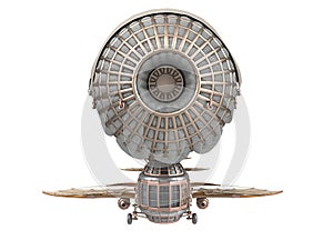 3d illustration of a fantasy airship in steampunk style on isolated white background