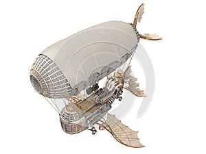 3d illustration of a fantasy airship in steampunk style on isolated white background