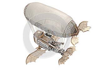 3d illustration of a fantasy airship in steampunk style on isolated white background