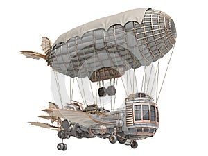 3d illustration of a fantasy airship in steampunk style on isolated white background