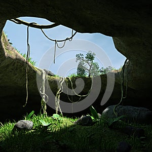 3d illustration of a fantasy cave entrance with a colorful sky