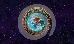 3D illustration of fantasy Earth and flower of life in the universe