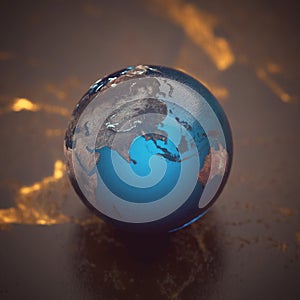 3d illustration. Fantasy relistic model of Earth sphere on the table.