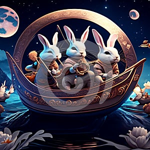 3d illustration of a fantasy scene with three little rabbits on a boat AI generated
