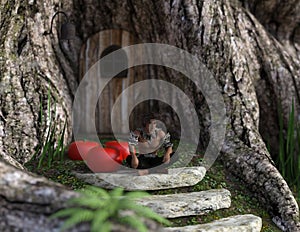 3D Illustration of fantasy showing a dwarf guarding a door in the tree