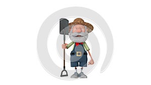 3D illustration the farmer costs with a shovel