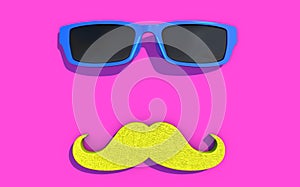 3D illustration Father`s Day. Mustache and sunglasses in vibrant colors