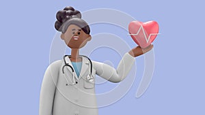 3D illustration of Female Doctor Juliet. Cardiologist shows red heart symbol. Medical application concept.