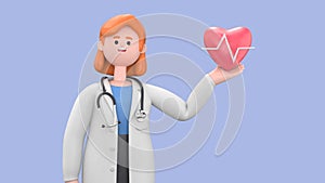 3D illustration of Female Doctor Nova. Cardiologist shows red heart symbol. Medical application concept.