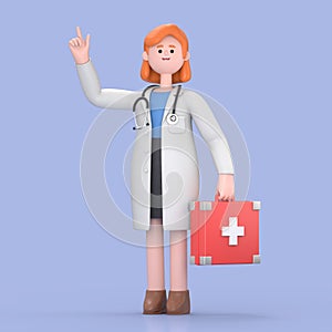 3D illustration of Female Doctor Nova holds red case first aid kit.Medical presentation clip art isolated on blue background.