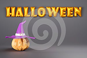 3D illustration festival halloween concept,halloween orange balloon text and pumpkin wearing a purple hat on gray background,