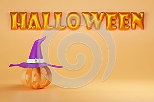 3D illustration festival halloween concept,halloween orange balloon text and pumpkin wearing a purple hat on orange background