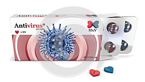 3d illustration: Fictional design. Box of drugs with tablets. The inscription `Antivirus*`. The concept of a medical preparation f