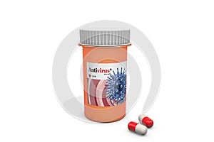 3d illustration: Fictional design. Medicine bottle of drugs with pills. The inscription `Antivirus*`. The concept of a medical pre