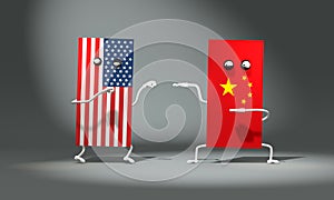 3d illustration Fight between funny flags of USA and China