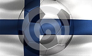 3D-Illustration of a Finnland flag with a soccer ball moving in the wind