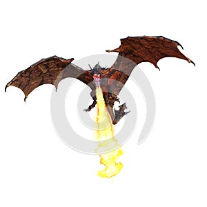 3D illustration of a fire breathing green dragon or wyvern isolated on white