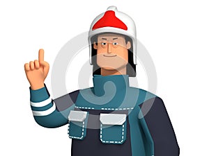 3d illustration. The fireman explains. The cartoon character raised his finger
