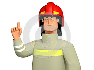 3d illustration. The fireman explains. Gesture attention