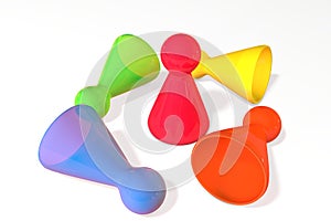 3d illustration: Five colored transparent plastic board game pieces with reflection. The winner and a losers fall and lay isolated