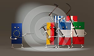 3d illustration Flags of European countries are fighting against the flag of the European Union