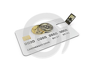 3d Illustration of Flash drive. Credit card with gold bitcoins