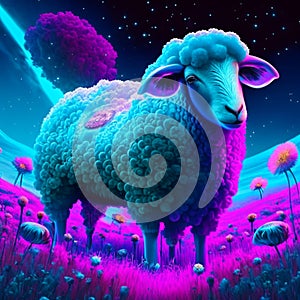 3d illustration of a flock of sheep grazing in a meadow at night Generative AI