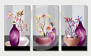 3d illustration flowers vases with gray white black background. wallpaper for wall frames decor .