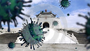 3D illustration flu coronavirus float on memorial hall. Taiwan Covid19 virus