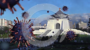 3D illustration flu coronavirus floating on memorial hall. Taiwan Covid 19
