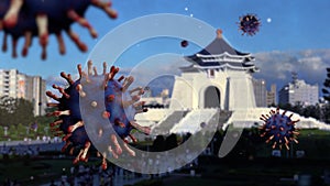3D illustration flu coronavirus floating on memorial hall. Taiwan Covid 19 virus