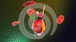 3d Illustration of Flying Cocktail with paper umbrella on a dark background in low poly style.