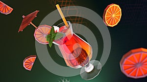 3d Illustration of Flying Cocktail with paper umbrella on a dark background in low poly style.