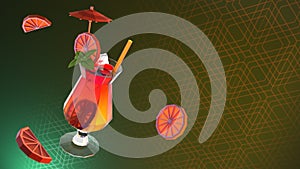 3d Illustration of Flying Cocktail with paper umbrella on a dark background in low poly style.