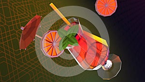 3d Illustration of Flying Cocktail with paper umbrella on a dark background in low poly style.