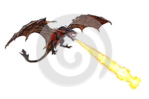 3D illustration of a flying green dragon or wyvern breathing fire downwards isolated on white