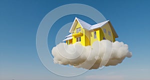 3d illustration of flying yellow house on the cloud with blue sky on background.