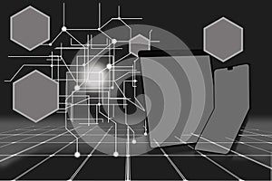 3d illustration of folding cell and tablet connecting to AI digital network UI