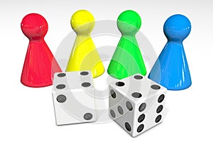 3d illustration: Four colored plastic board game pieces with reflection and two white dice with black dots isolated