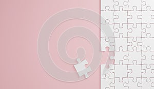 3d illustration Fragment of a folded white jigsaw puzzle and a pile of uncombed puzzle elements against the background
