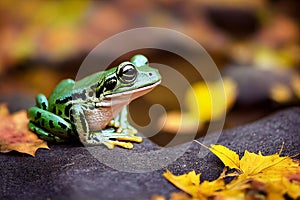3d illustration of a frog sitting on a rock in autumn woods Generative AI illustration