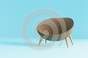 3d illustration, front view of brown rattan chair, contemporary design, casual, natural. Upholstered furniture in the blue living