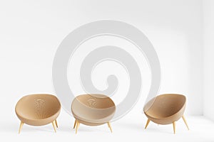 3d illustration, front view of brown rattan chair, contemporary design, casual, natural. Upholstered furniture in the white living