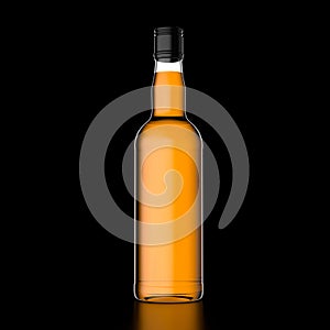 3d illustration of front view tall whiskey bottle with no label and black metallic screw cap on black background