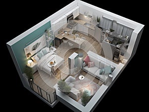 3D illustration of a fully furnished studio apartment layout plan.