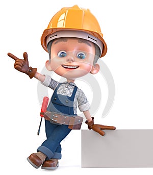 3D illustration funny boy in construction helmet and overalls