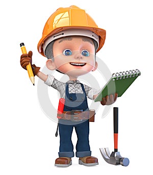 3D illustration funny boy in construction helmet and overalls