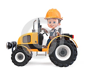 3D illustration of a funny boy in a construction helmet and overalls on a tractor